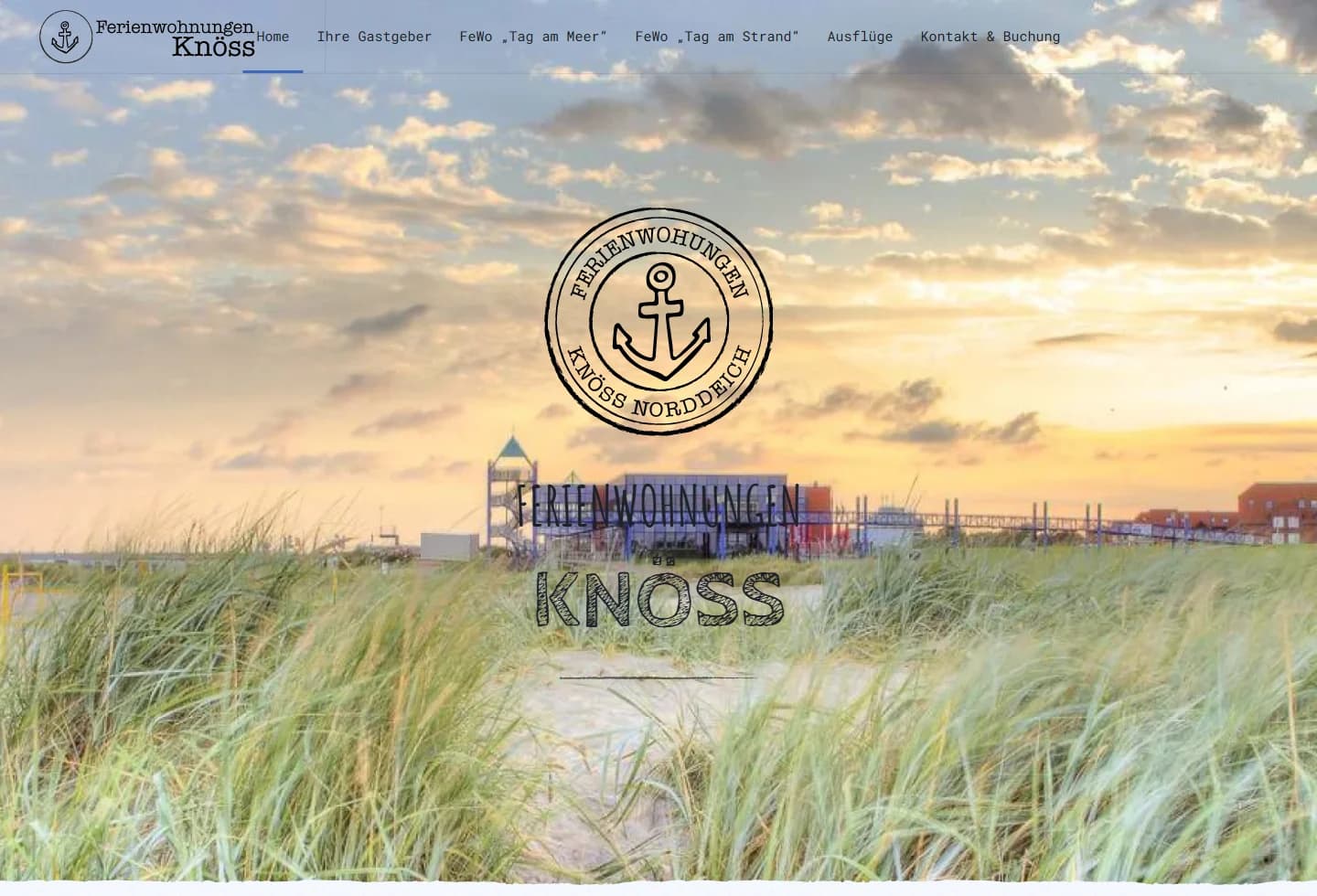 Website von Ferienwohnungen Knöss mit Nordsee-Motiv und Ankerlogo