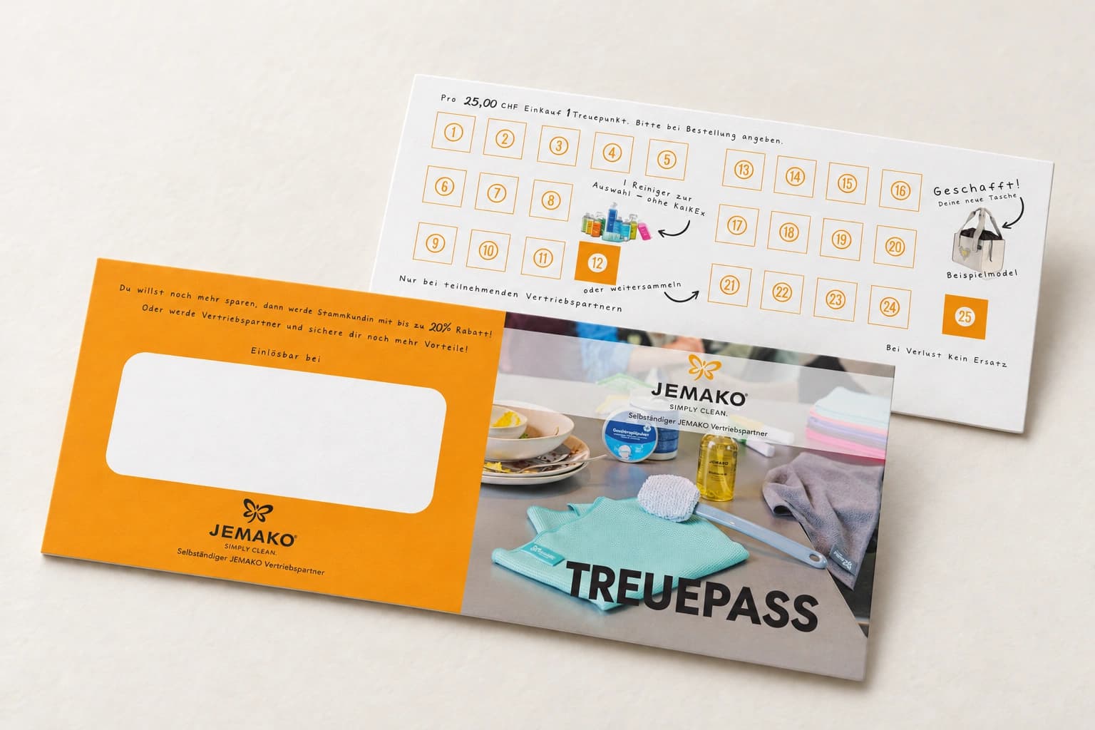 Produktansicht des originalen JEMAKO-Treuepasses mit Vorder- und Rückseite