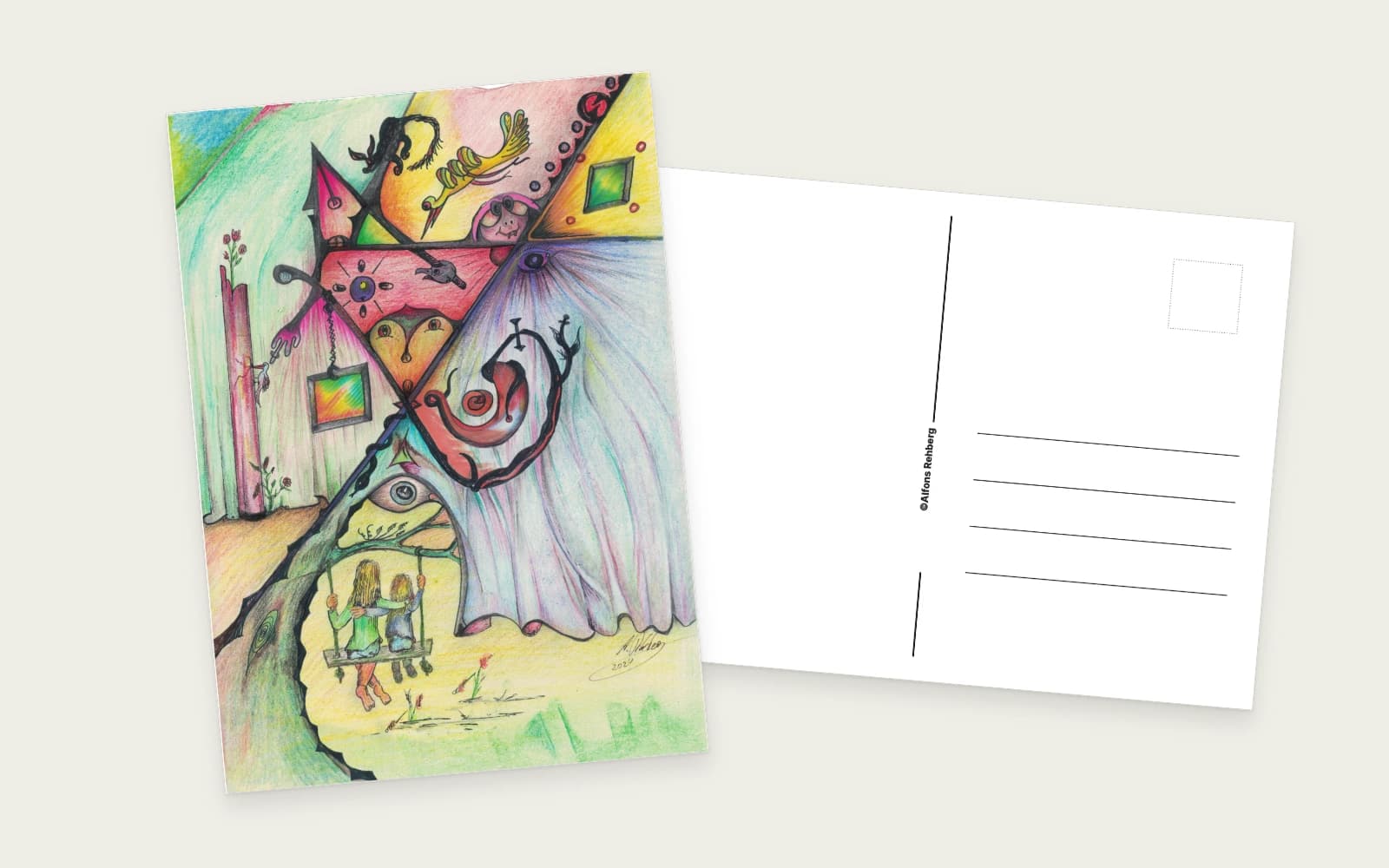 Postkarte mit farbigem Originalmotiv 01 und gemeinsamer Rückseite