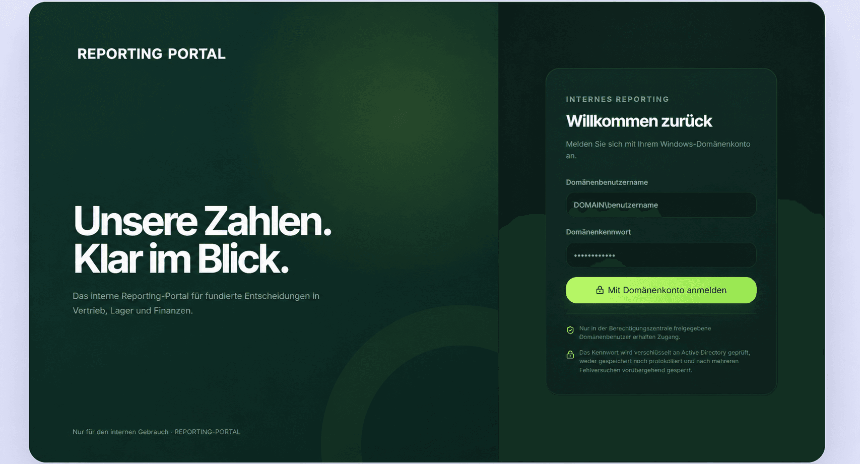 Anonymisierte Anmeldemaske des internen Reporting-Portals