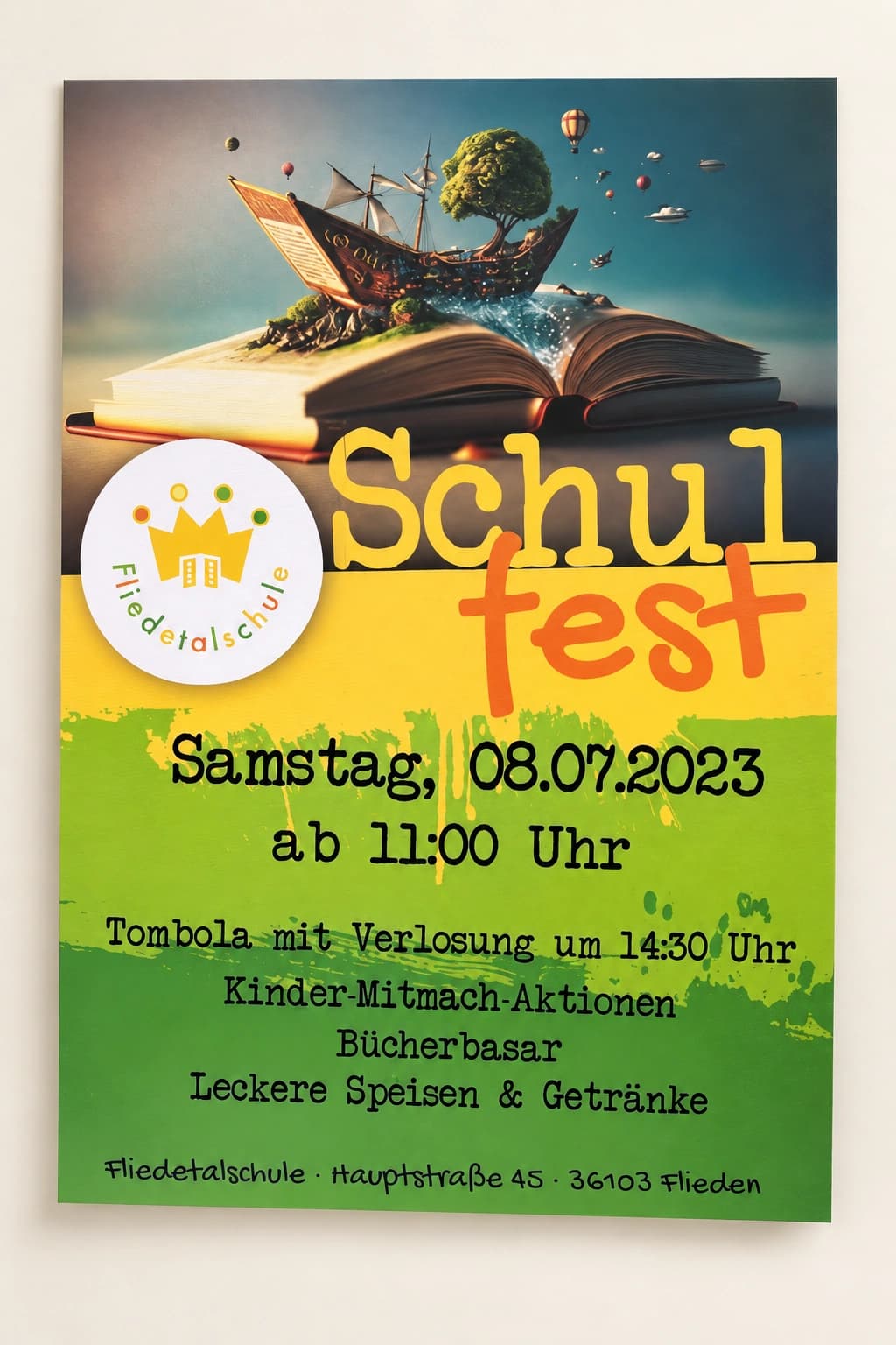 Produktvisualisierung des Schulfest-Plakats der Fliedetalschule vom 8. Juli 2023