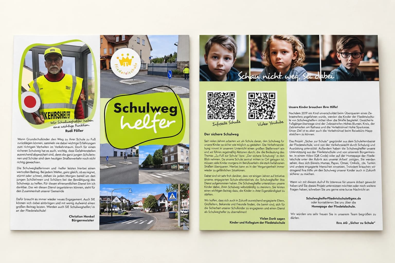 Produktvisualisierung des grünen Schulweghelfer-Flyers der Fliedetalschule