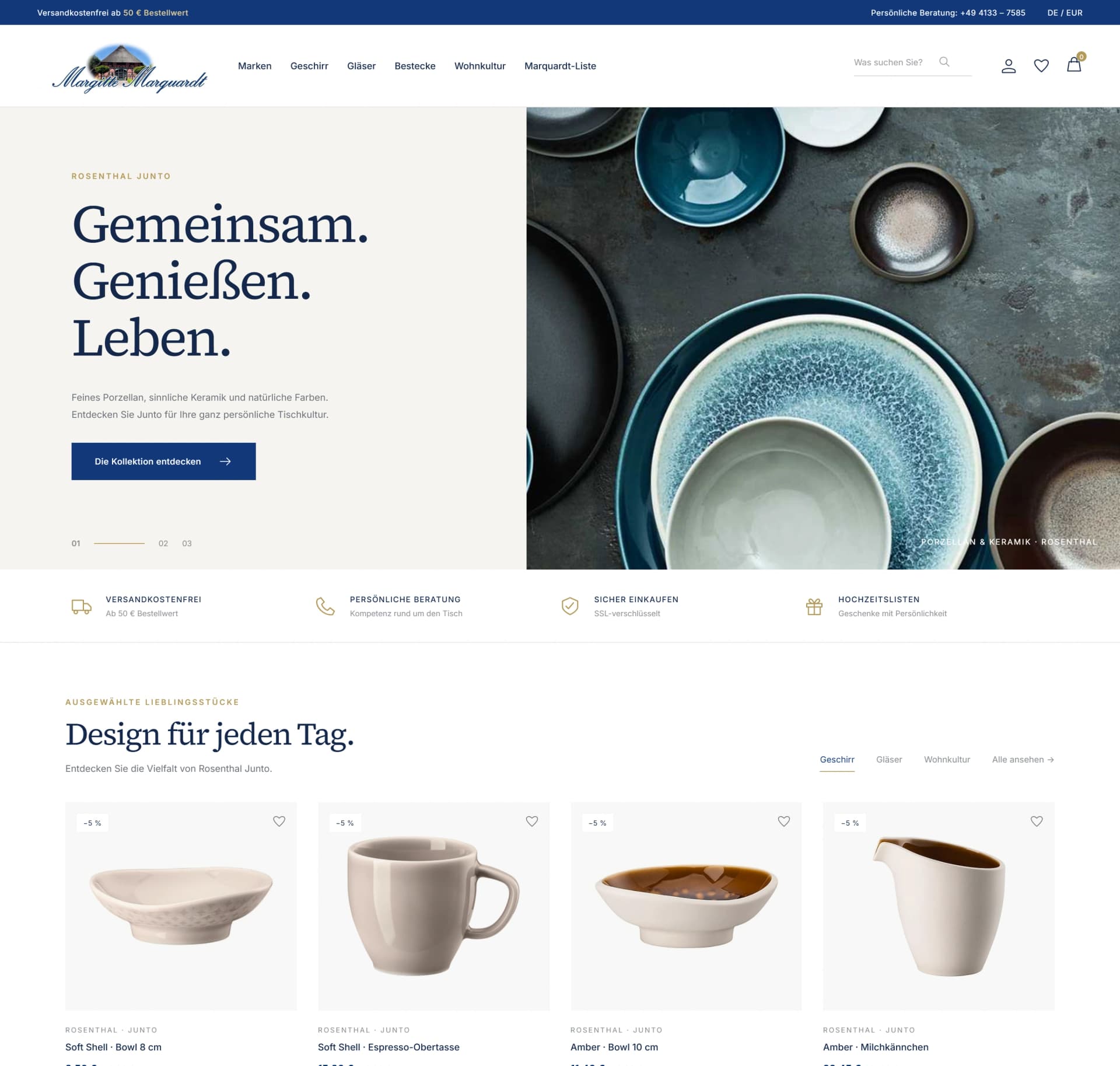 Gelieferte Gestaltungsansicht für den Marquardt-Onlineshop in Blau und Weiß mit Porzellanfotografie