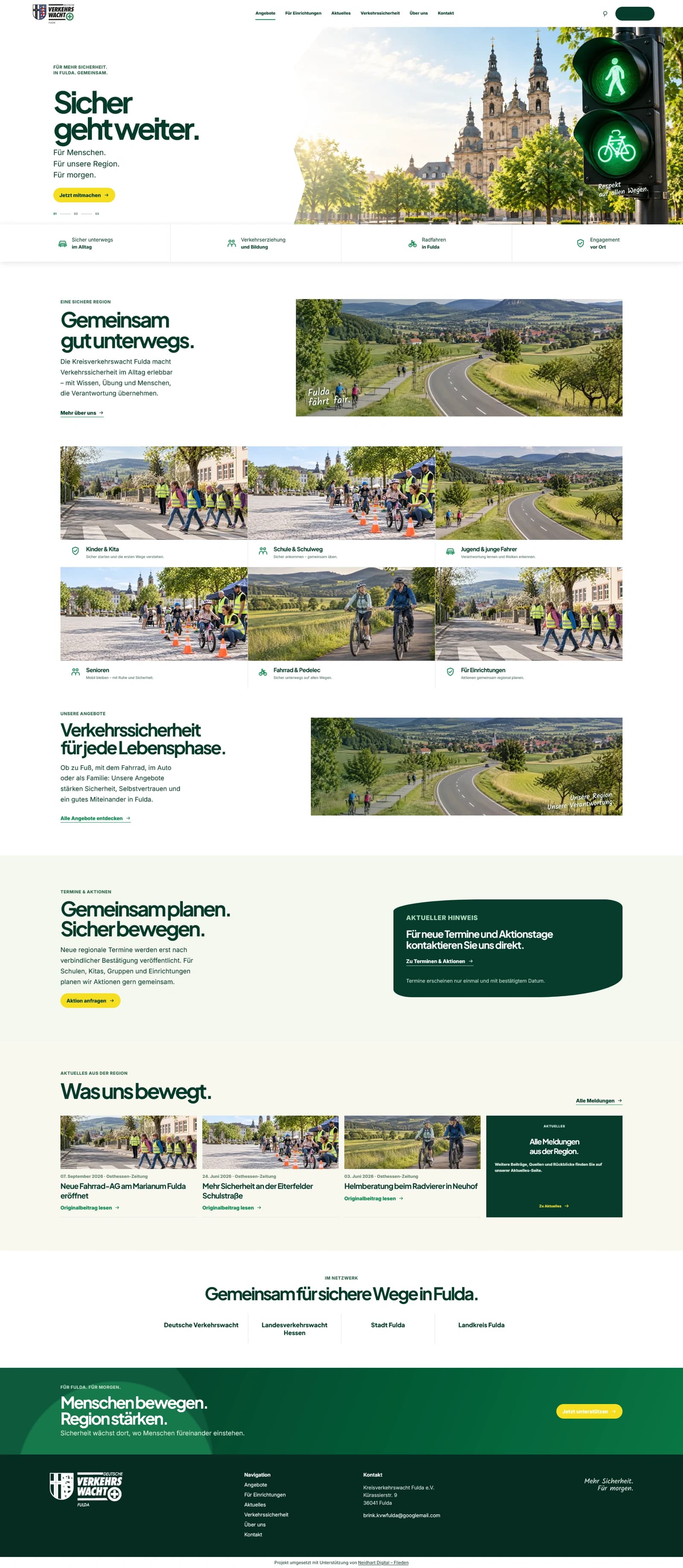 Geliefertes erstes Gestaltungsmuster der Verkehrswacht-Website mit grünem Auftritt und Fulda-Motiven