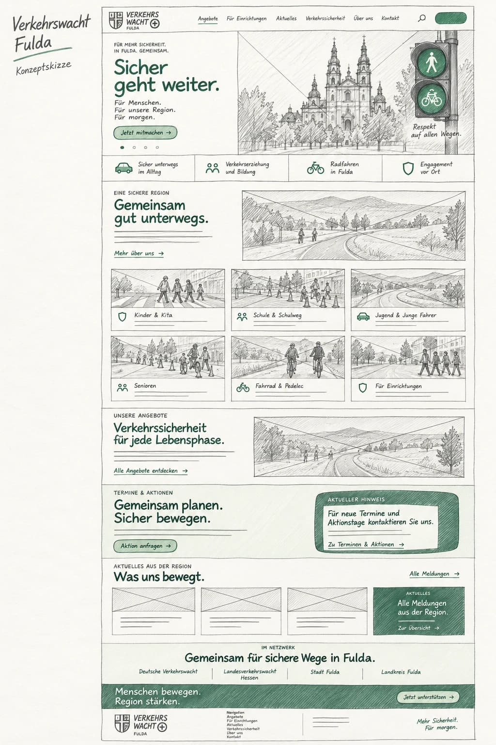 Handgezeichnete Konzeptskizze des Seitenaufbaus für die Verkehrswacht Fulda
