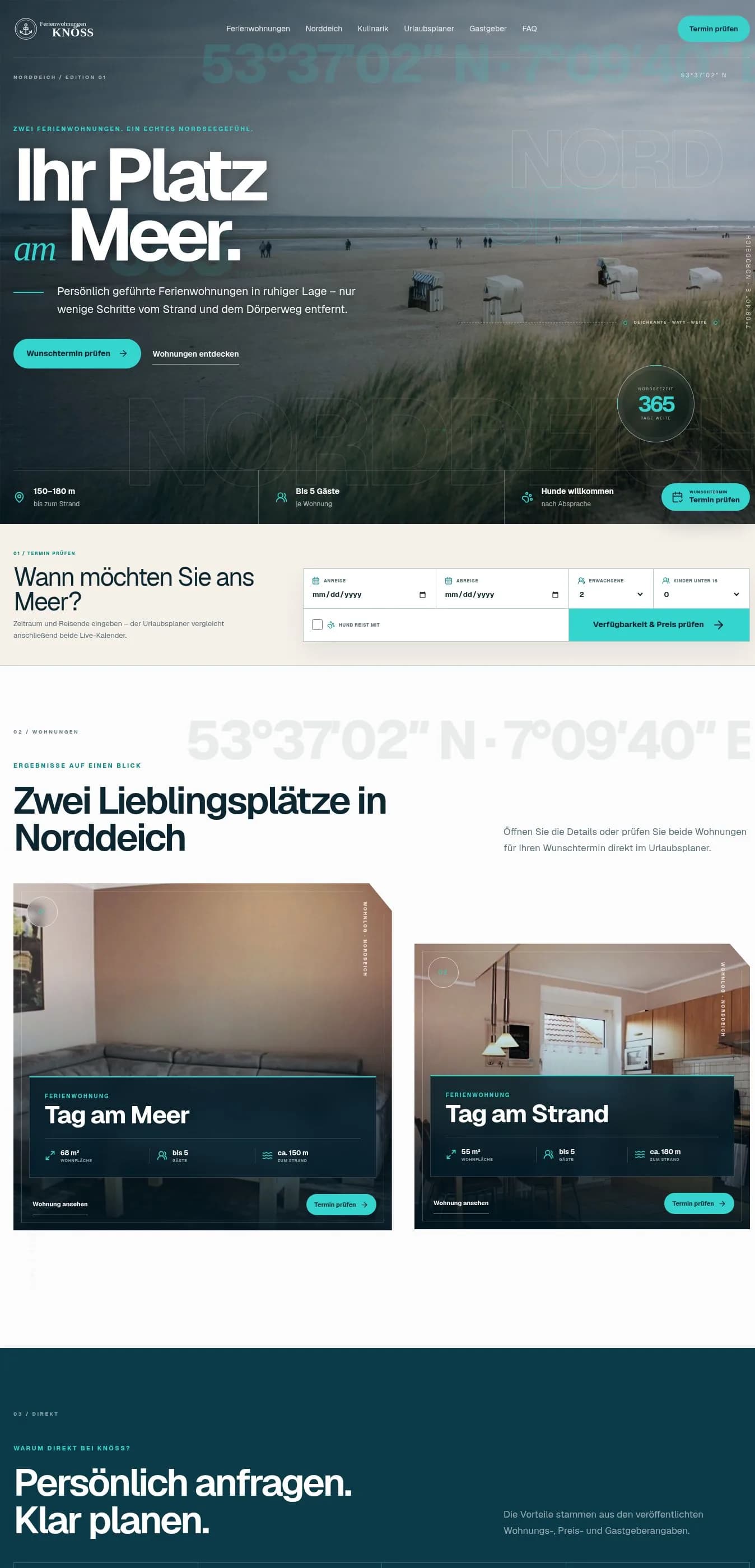 Knöss-Relaunch in dunklem Meeresblau und Türkis mit Nordseestrand, Urlaubsplaner und den beiden Wohnungen