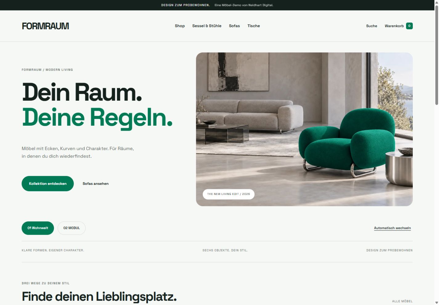 Startseite des Möbel-Demoshops FORMRAUM mit grünem Sessel, markanter Schrift und Hero-Slider