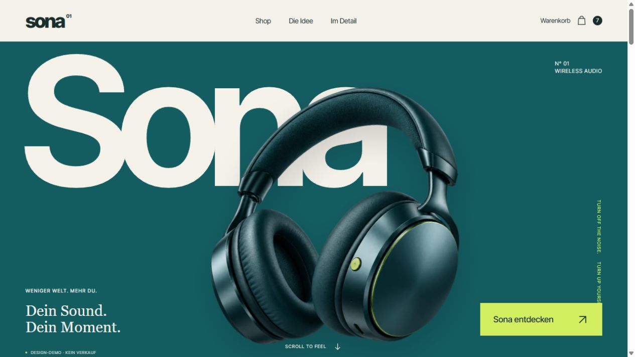 Startseite der Magento-Demo SONA mit petrolfarbenem Kopfhörer und eigenem Theme