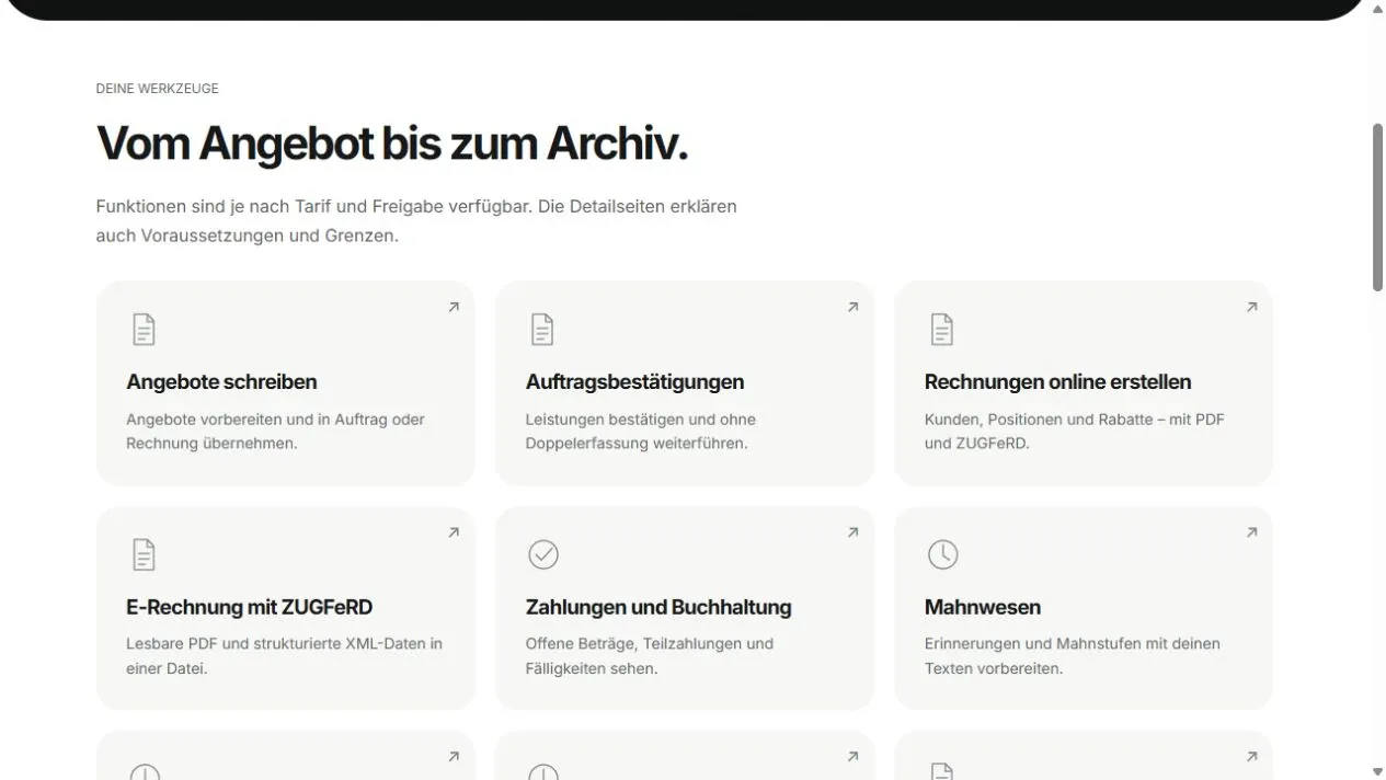 Funktionsübersicht der Payload-Website Rechnung raus