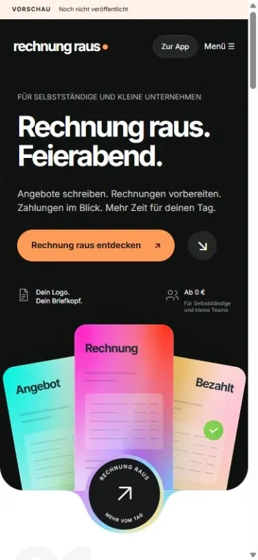 Mobile Ansicht der Payload-Website Rechnung raus