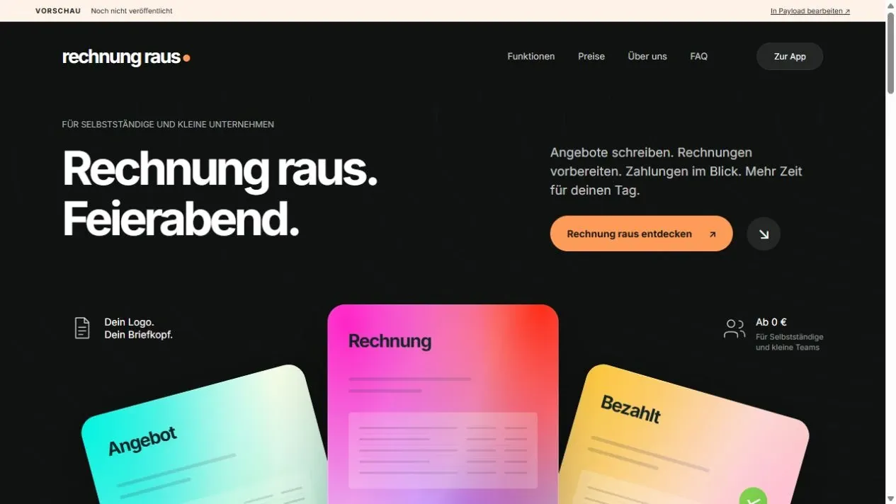 Startseite der Payload-Website Rechnung raus