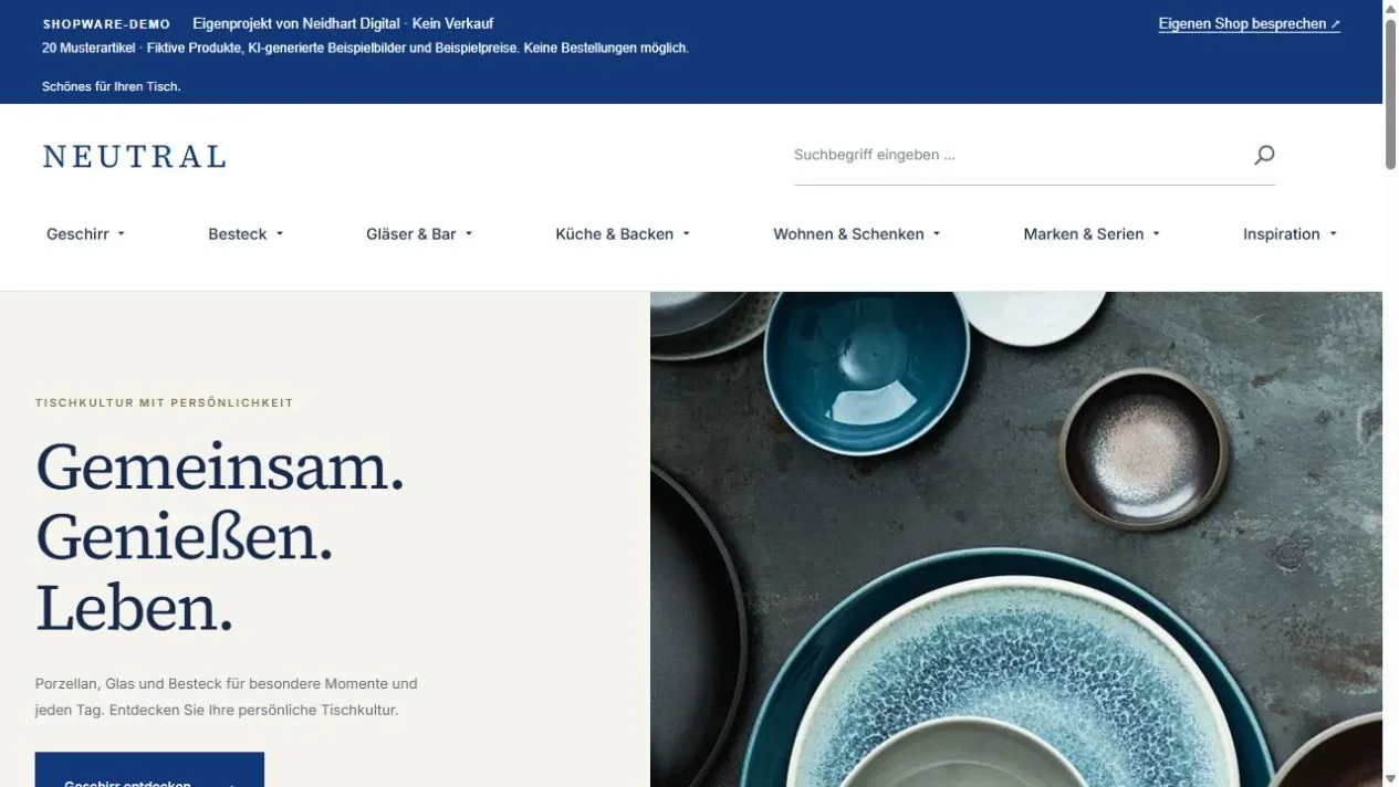 Startseite des Shopware-Demoshops NEUTRAL mit eigener Gestaltung und Tischkultur-Motiv
