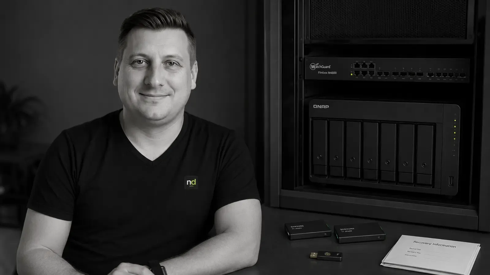 Christian Neidhart mit WatchGuard-Firewall und Backup-System