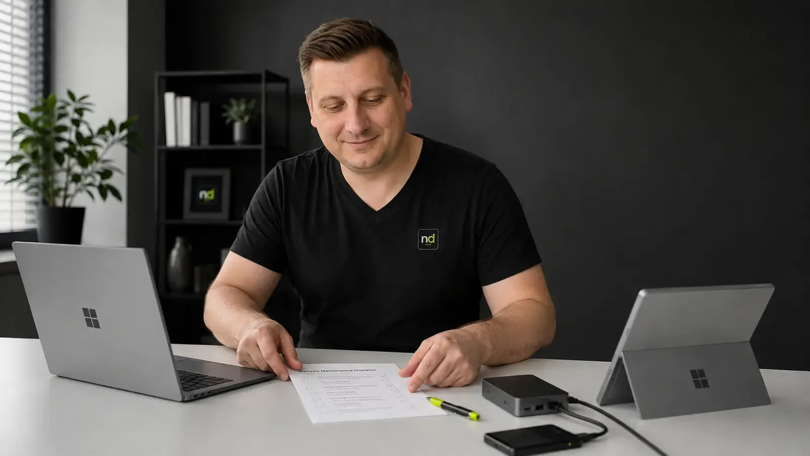 Christian Neidhart mit Surface-Geräten und Website-Wartungsunterlagen