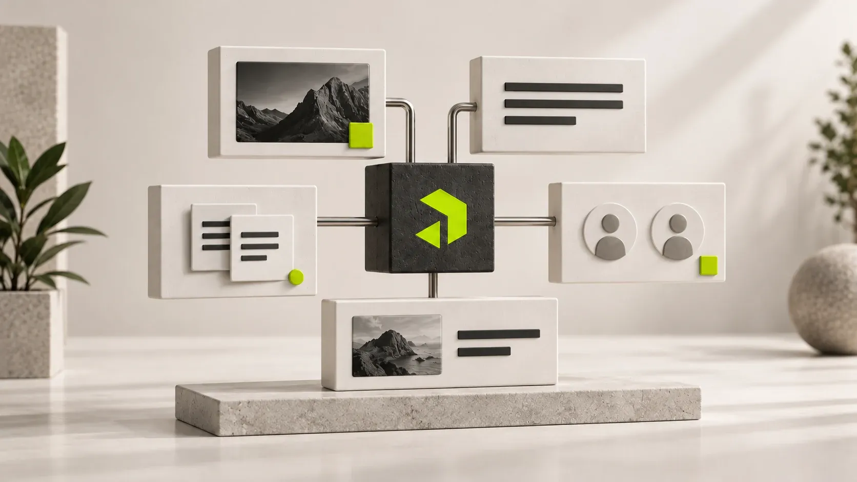 Zentrales Payload-Symbol in Lime, verbunden mit plastischen Modulen für Bilder, Texte, Team und Projekte.