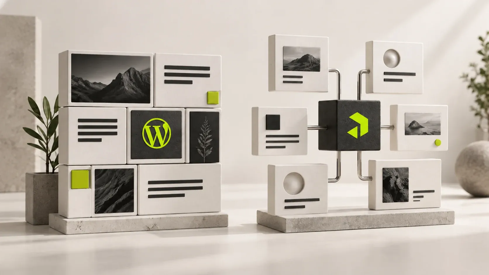 Zwei Modelle für Website-Inhalte mit WordPress- und Payload-Symbolen in Lime.