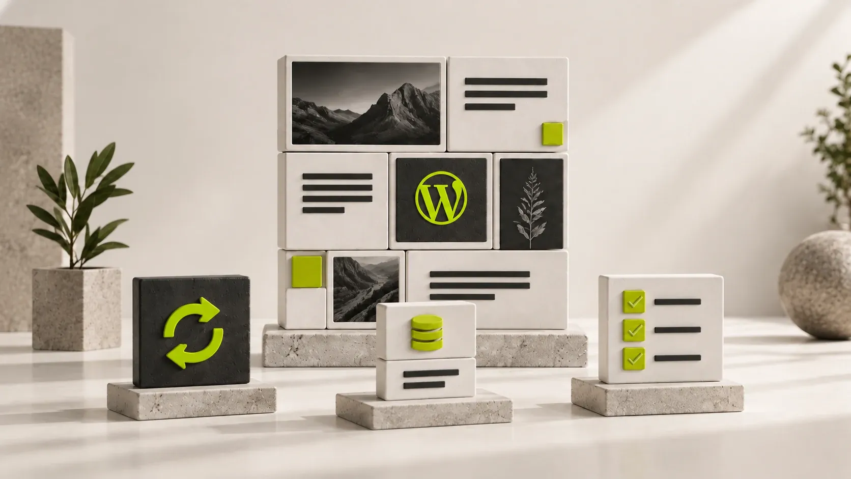Plastisches WordPress-Modell mit Lime-Symbolen für Updates, Datensicherung und Funktionsprüfung.